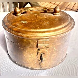 Vintage Brass Hinged Lidded Chapati Round Trinket Box w/Lock Key
